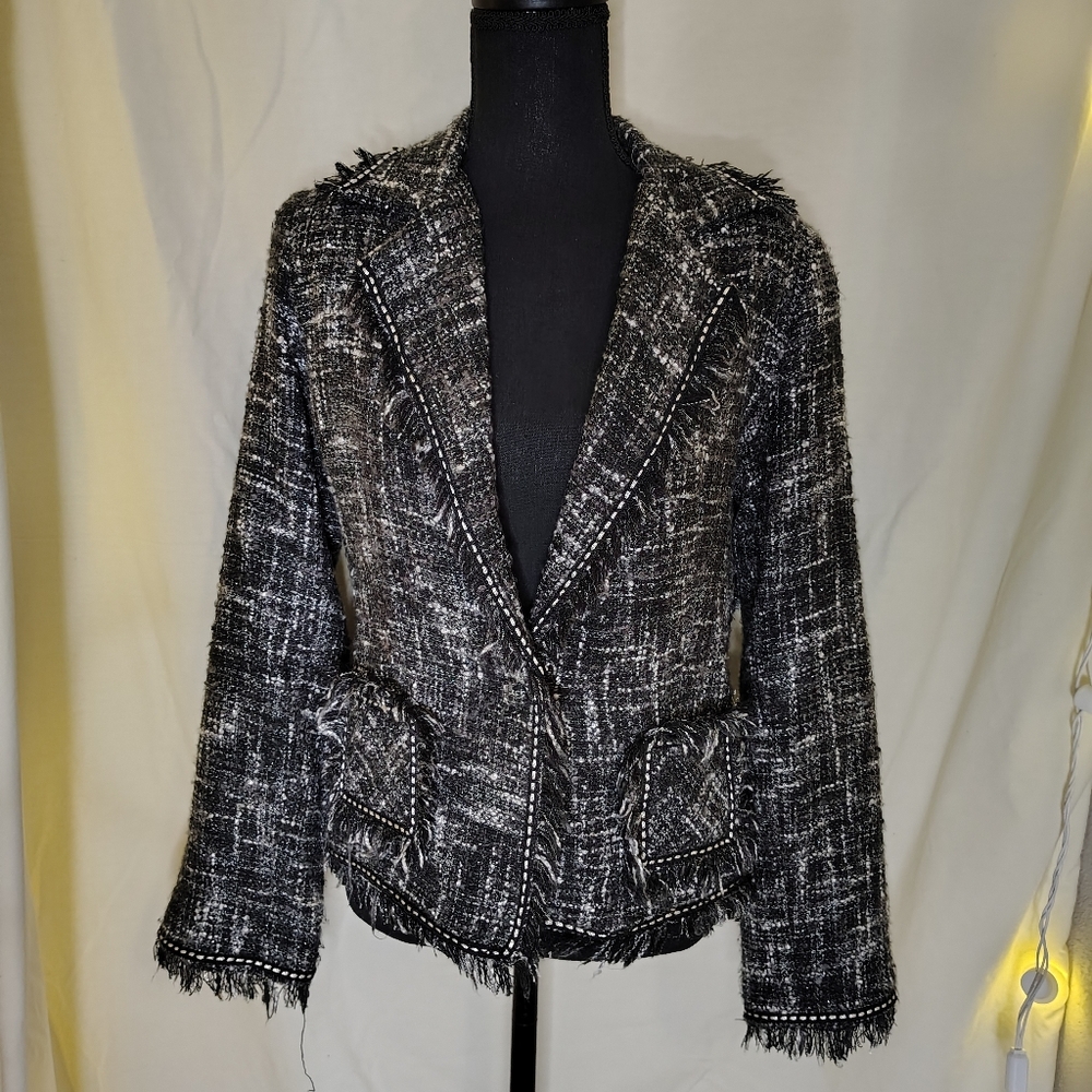 Chic Black and White Tweed Blazer with Satin Lining